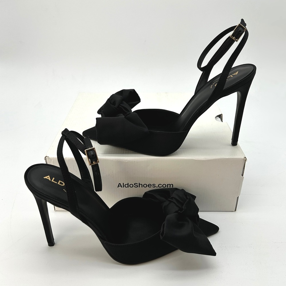Strappy Stiletto Heels ALDO Nikky Womens Size 10‎ Black Satin Pointed Toe w/ Bow